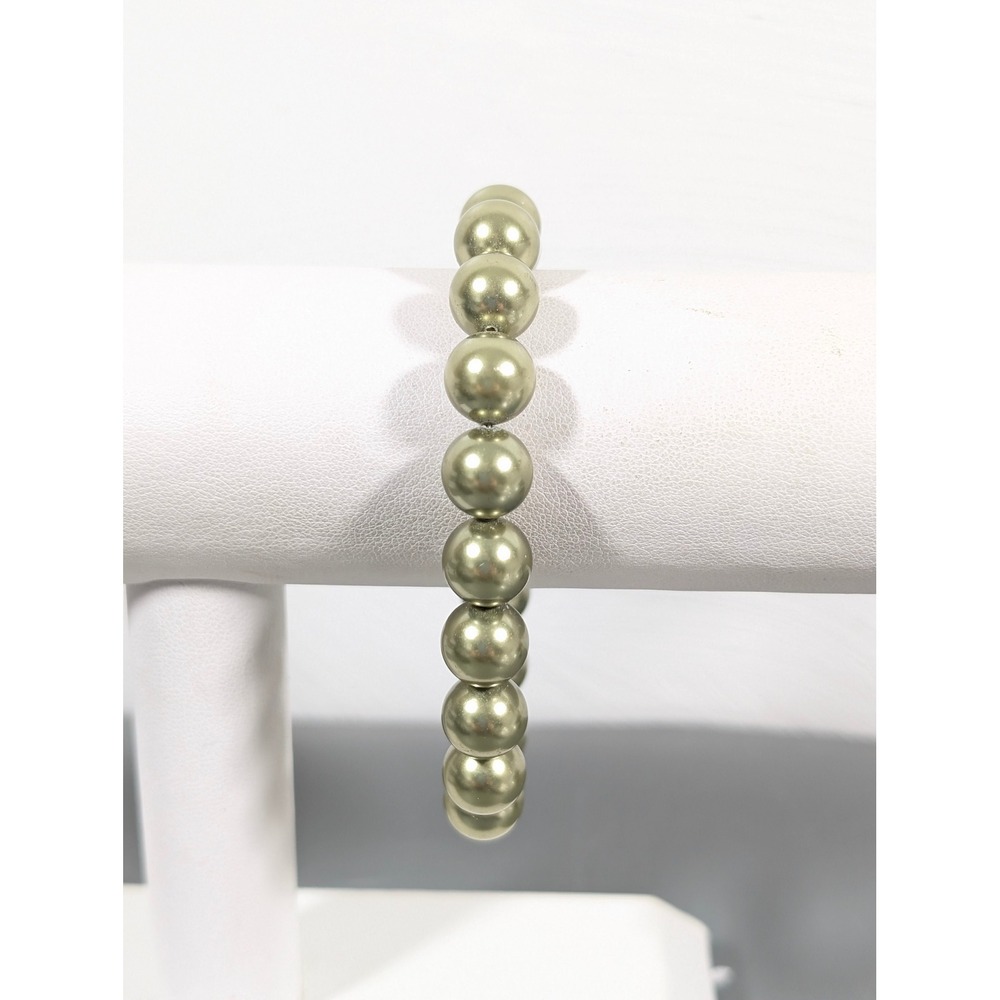 Green Glass Faux Pearl Bracelet Sterling 925 Clasp Beaded 7.75"